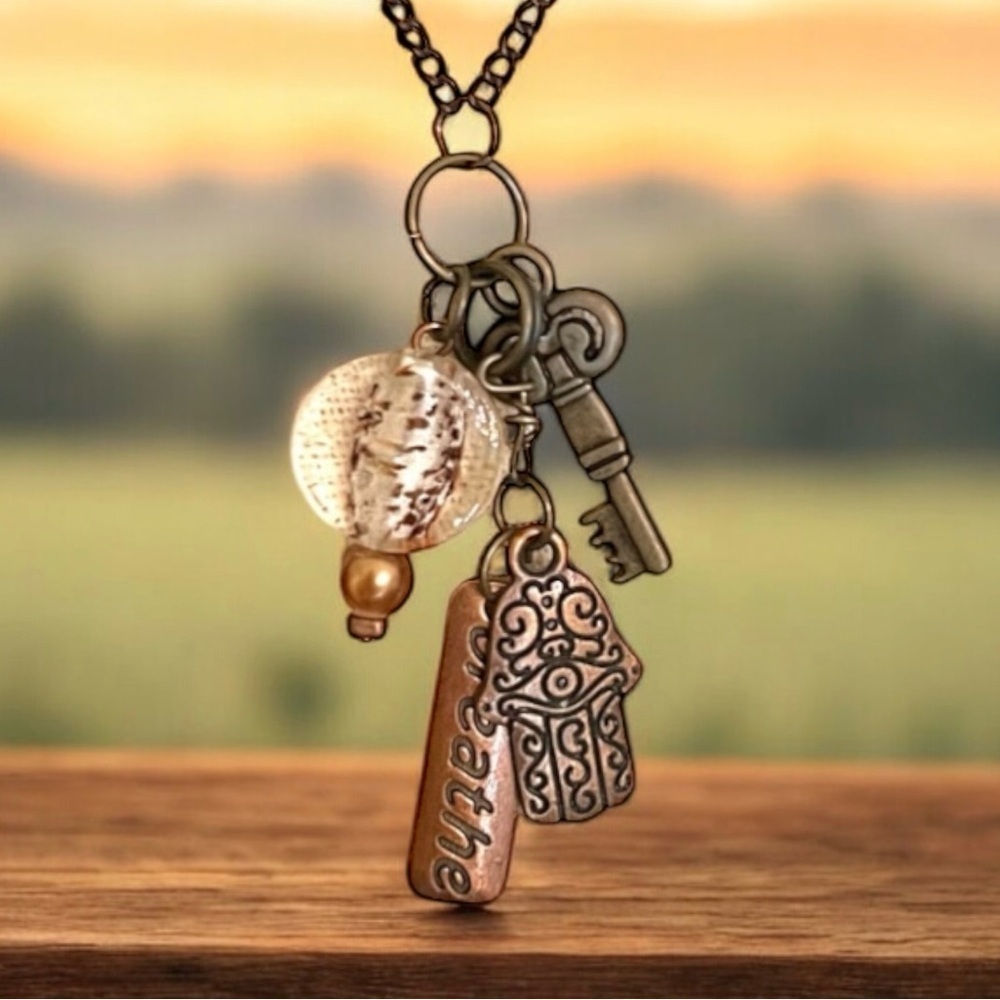 Unique bronze necklace key and charm details clear glass bead and 'breathe' tag. - Picture 3 of 15